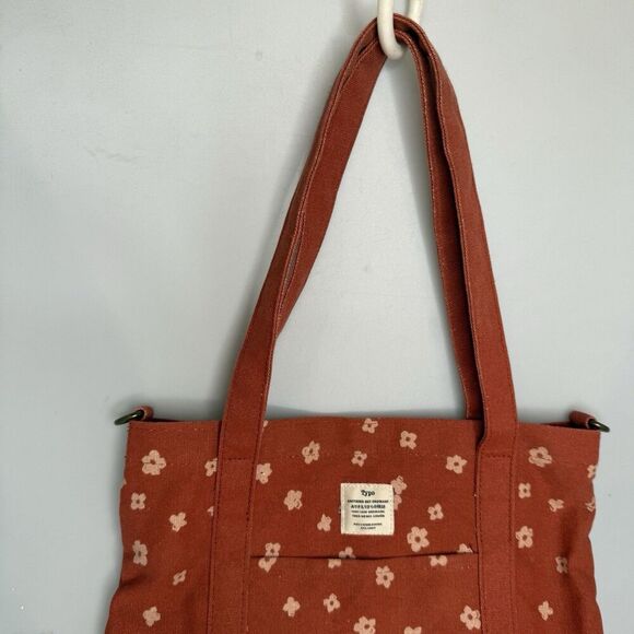 Typo Floral Canvas Tote Bag Rust Orange Adjustable Strap 16.5x13x1 EUC - Picture 5 of 16